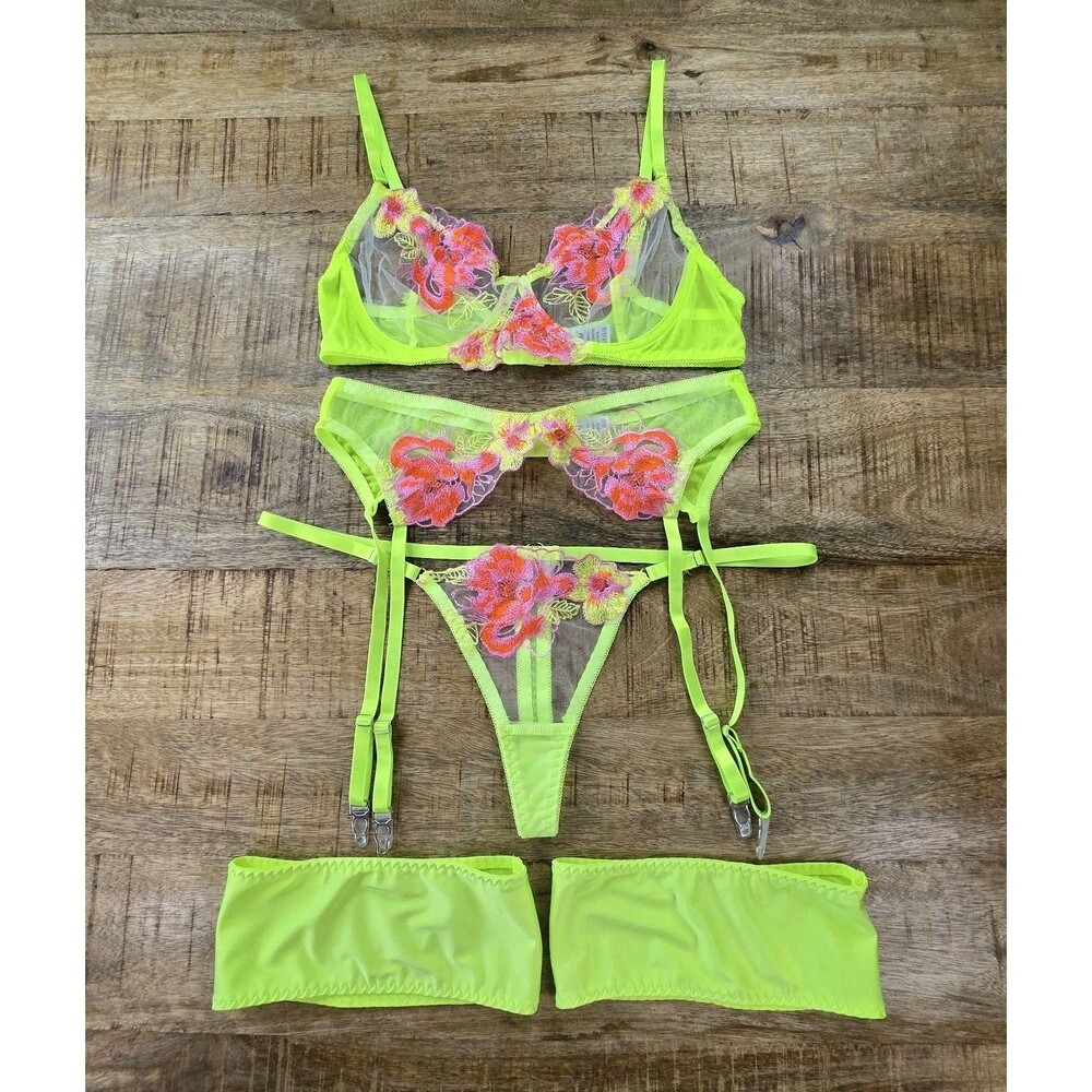 Neon Green Sheer Mesh Floral Embroidered Lingerie Set Garter Thong Size M